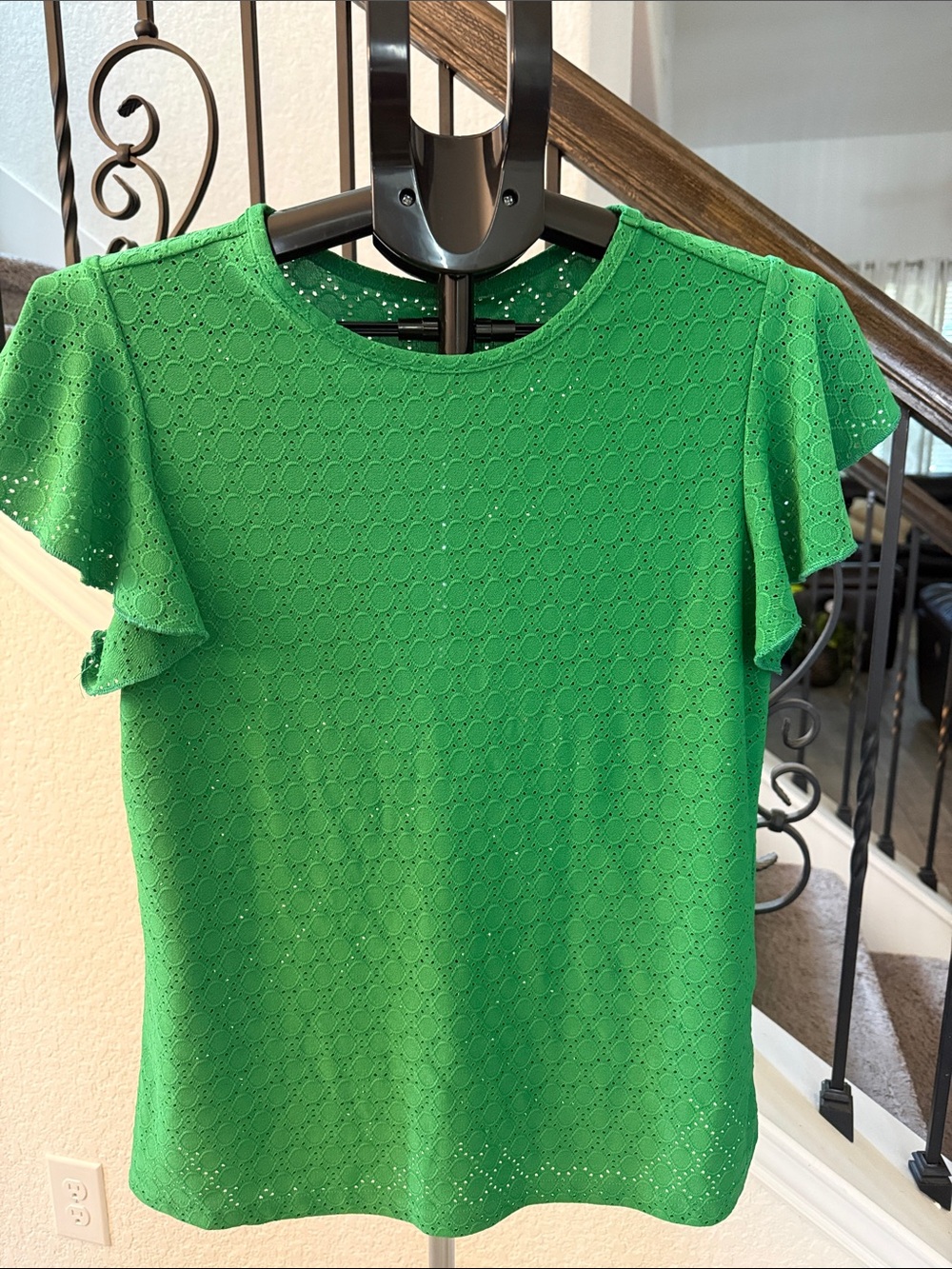 Green Eyelet Flutter Sleeve Top
